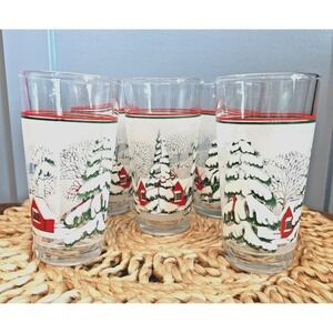 KIG Indonesia Alpine Cabin Winter Frosted Highball Glasses Set 5 Christmas 12 oz